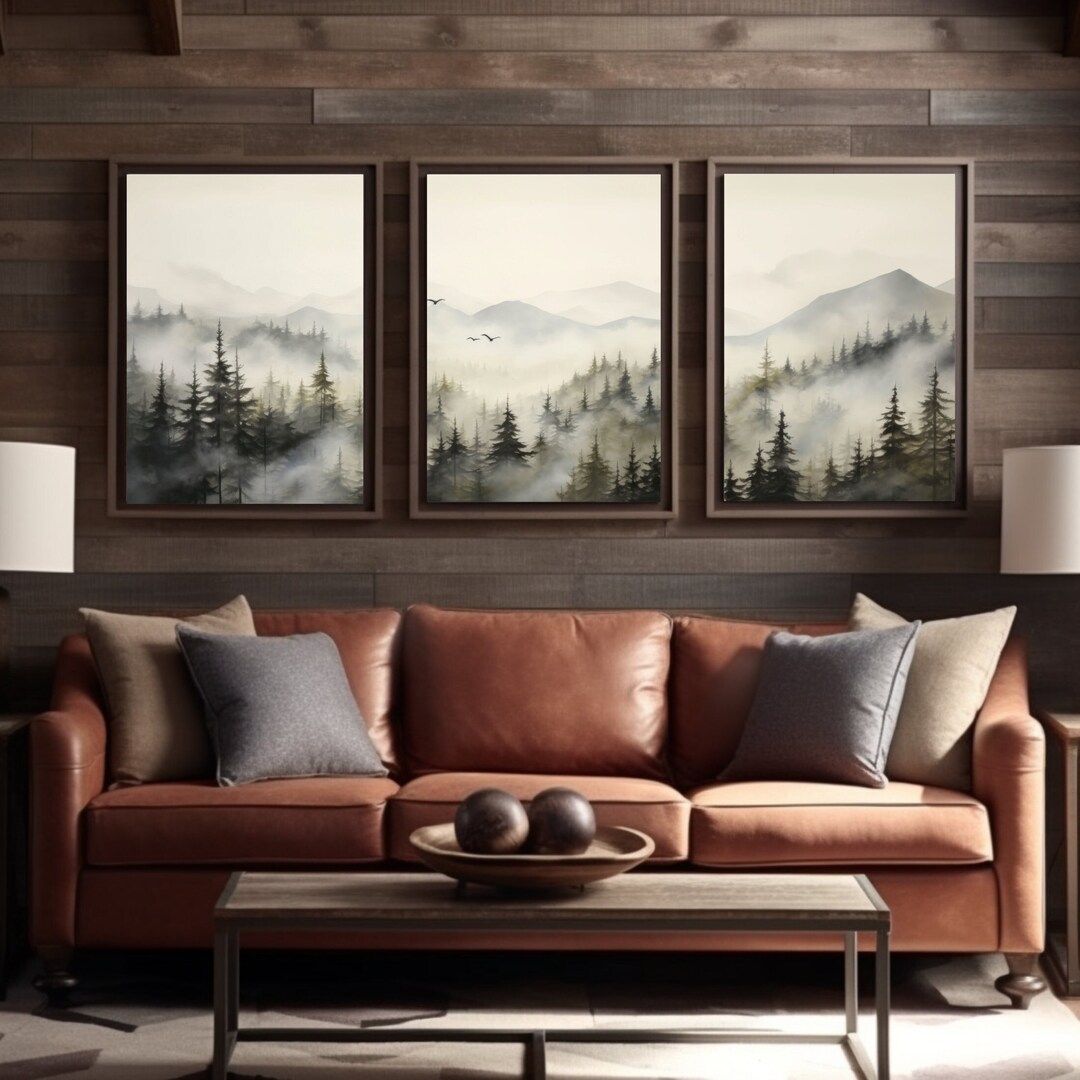 Foggy Landscape Print Set of 3: Large Misty Forest Mountain Wall Art ...