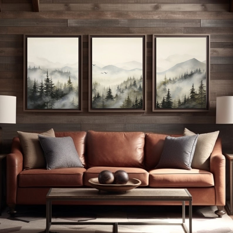 Foggy Landscape Print Set of 3: Large Misty Forest Mountain Wall Art ...