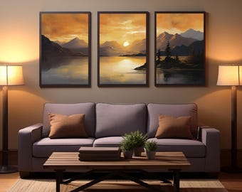 Sunset Mountain Canvas Art Set: Lake Triptych Wall Decor