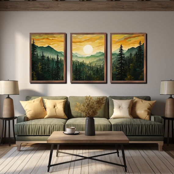 Mountain Glow Landscape Triptych Canvas Wall Art Set of 3, Emerald Green Forest Misty Mountain Wall Art, Large Canvas Wall Decor - Etsy
