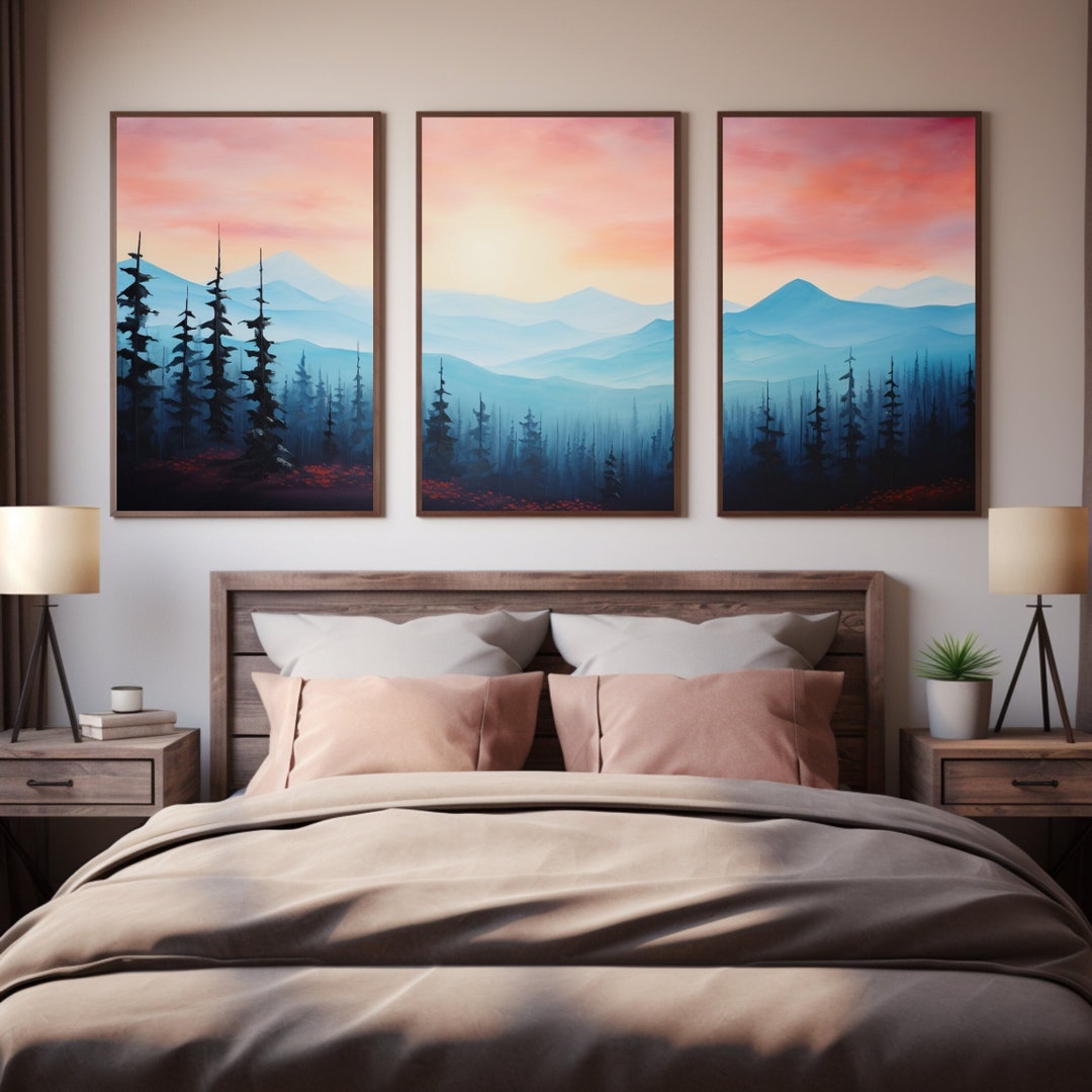 Sunset Mountain Canvas Art Triptych: Pastel Landscape Wall Art Set - Etsy