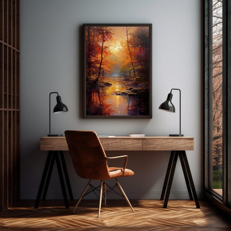 Forest Wall Art: Autumn Forest River Sunset, Canvas Print image 3