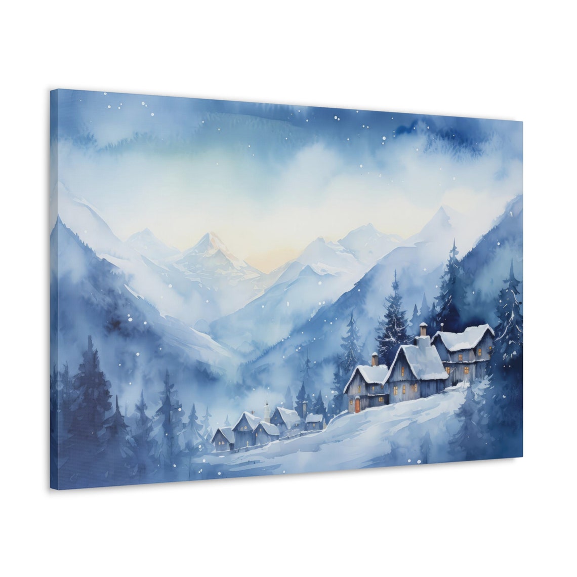 Snowy Village Watercolor Canvas Art: Winter Mountain Landscape - Etsy