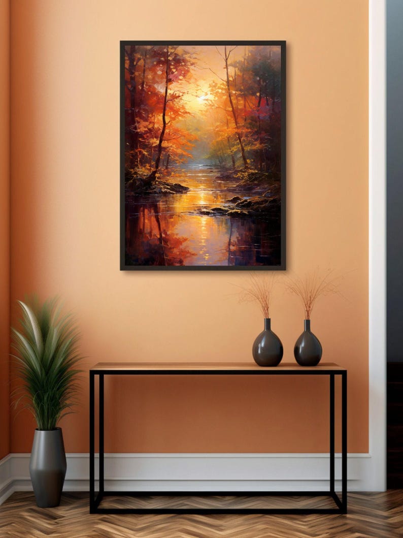 Forest Wall Art: Autumn Forest River Sunset, Canvas Print image 2