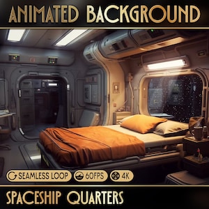 以下が含まれることがあります： 宇宙船の寝室のインテリア。ベッド、ナイトスタンド、窓から宇宙が見える。画像の下部に「Spaceship Quarters」というテキストがあります。