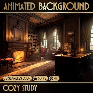 ANIMATED BACKGROUND | Cozy Study | Looped Vtuber Twitch Stream Overlay | Instant Digital Download  | Reading room,  Library