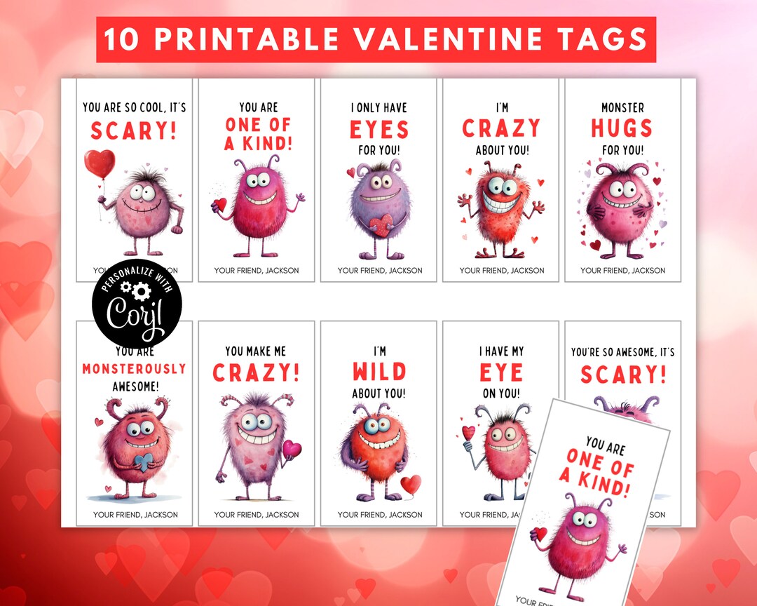 Editable - Valentines Day Tags - Monster - Favor Tags - Class ...