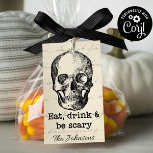 Etiquetas de favor de Halloween - Comer, beber y dar miedo - Etiquetas de regalo editables - Etiquetas de regalo de vino - Favores de fiesta de Halloween - Halloween para adultos
