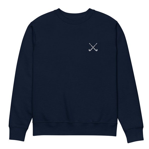 Navy Hockey Bio-Sweater mit weißer Stickerei gekreuzte Schläger | Unisex Öko-Pullover