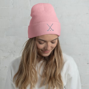 Hockey, field hockey hat, beanie (pink, royal or white) with embroidery in grey, crossed sticks, field hockey