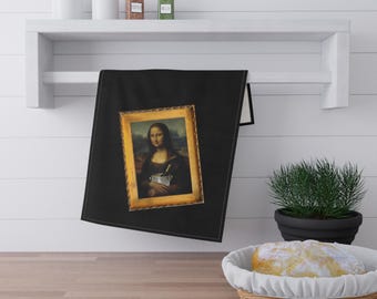 Mona Lisa with Champagne Framed Portrait Tea Towel | Black Kitchen Towel | Bar Cart Towel | Funny Art Bar Towel | Art Lover Gift