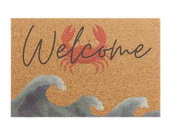 Felpudo de bienvenida con diseño de cangrejo y fibra de coco / Felpudo de entrada con diseño de olas costeras / Vida playera / Vida costera / Amante de la playa / Regalo de jubilación