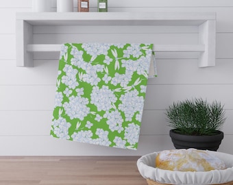 Light Blue Hydrangea Pattern Tea Towel | Green Floral Kitchen Towel | Summer Kitchen | Nantucket | East Coast Summer | Bar Cart Towel