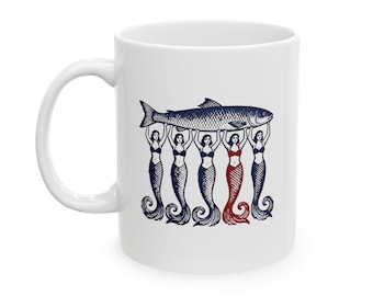 Mermaids Holding a Fish Mug | Ceramic Coffee Cup (11oz, 15oz)| Beach Lover | Coastal Living | Gift for Her | Gift for Him | Coastal Vacation