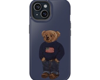 Funda para teléfono con osito de peluche y bandera estadounidense / Funda magnética resistente a impactos / Estilo preppy / Regalo para ella / Regalo para él / Osito de peluche clásico americano