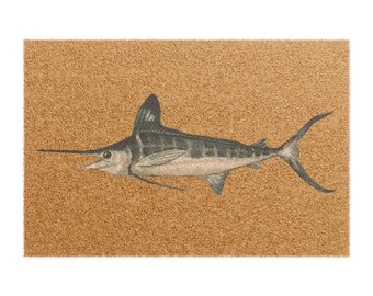 Felpudo vintage de pez espada / Felpudo de bienvenida de fibra de coco con diseño de peces costeros / Vida playera / Vida costera / Pesca de altura / Amante de los barcos / Regalo de pesca