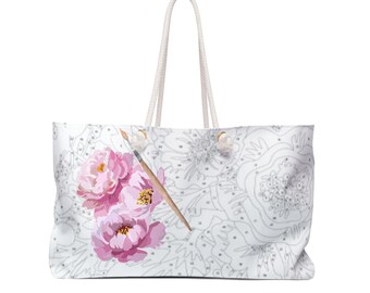 Bolso de fin de semana con estampado floral de peonías rosas para pintar por números / Bolso grande para amantes del arte / Bolso divertido / Regalo para el Día de la Madre / Regalo para ella