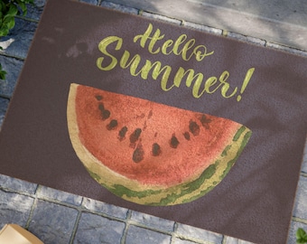 Hello Summer Watermelon Doormat | Seasonal Outdoor Welcome Mat | Front Porch Entryway | Housewarming Gift | Navy Blue Welcome Mat