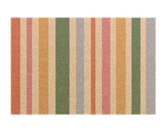Muted Rainbow Stripe Coir Doormat | Pastel Striped Entry Rug | Spring Welcome Mat | Summer Striped Doormat