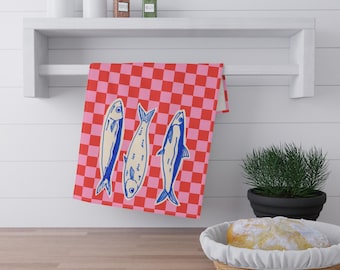 Blue Sardine Trio Tea Towel | Red Pink Checkerboard Kitchen Towel | Mediterranean Island | Coastal Kitchen | Boat Life | College Apartment