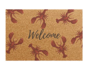 Felpudo de bienvenida con estampado de langosta roja / Felpudo de entrada de fibra de coco estilo costero / Vida costera / Vida playera / Felpudo junto al mar / Amante de la playa