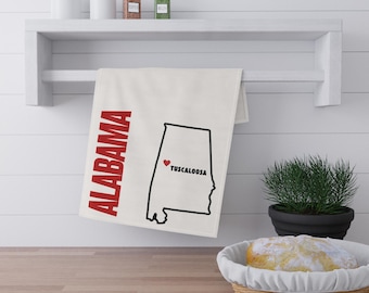 Alabama State Outline with Tuscaloosa Heart Tea Towel | Cotton Kitchen Towel | Alabama Student Dorm Gift | Alabama Student Apartment Gift