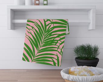Green Palm Leaves Pink Background Tea Towel | Tropical Kitchen | Coastal Preppy | Coastal Kitchen | Hostess Gift | Bar Cart Towel