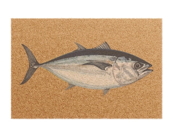 Felpudo con ilustración vintage de atún / Felpudo de bienvenida de fibra de coco con peces costeros / Vida playera / Vida costera / Pesca de altura / Amante de los barcos / Regalo de pesca
