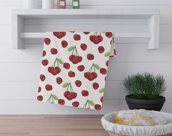 Cherry Pattern Tea Towel | Red Cherries Kitchen Towel | Summer Kitchen | Fruit Kitchen Towel | Bar Cart Towel | College Apartment Gift
