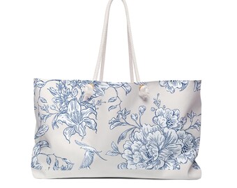 Bolso de fin de semana con estampado floral azul / Bolso grande de playa / Regalo para el Día de la Madre / Regalo para ella / Regalo para mamá primeriza / Regalo para baby shower