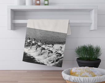 Vintage Waterski Lineup Tea Towel | Retro Black & White Lake Scene | Lake Life | Retro Bar Cart Towel | Summer Kitchen Towel | Hostess Gift