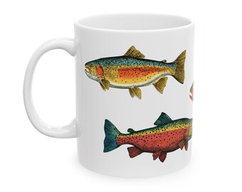 Rainbow Trout Pattern Coffee Mug | Vintage Fish Ceramic Coffee Cup (11oz, 15oz) | Fishing Gift | Lake Life | Father's Day | Gift for Him