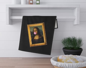 Mona Lisa Bubblegum Tea Towel | Art Lover Kitchen Towel | Funny Bar Towel | Hostess Gift | College Bar Cart Towel
