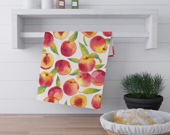 Peach Watercolor Pattern Tea Towel | Fruit Kitchen Linen | Summer Kitchen | Peaches | Hostess Gift | Farmer's Market | Gift for Gardener