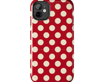 Funda resistente para teléfono color marfil con lunares / Lunares retro color crema sobre fondo rojo