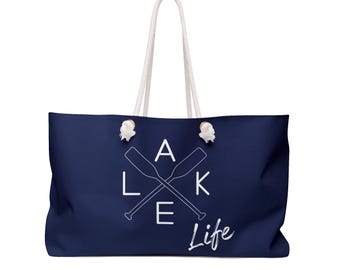 Lake Life, Crossed Oars Design Weekender Bag | Large Navy Tote | Lake Lover | Mother's Day Gift | Boat Lover | Gift for Her | Vacation Tote