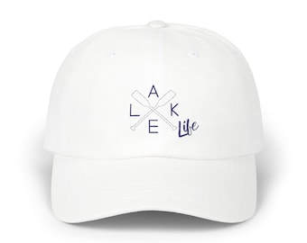 Vida en el lago / Gorra de béisbol con logo de remos bordado (azul marino) / Amante del lago / Amante de los barcos / Regalo para ella / Regalo para él / Vida en la cabaña