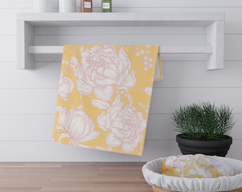 Blush Peony Pattern Tea Towel | Yellow Floral Kitchen Towel | French Kitchen Towel | Summer Kitchen | Bar Cart Towel | Hostess Gift