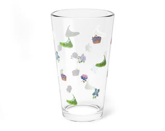 Vaso de pinta con iconos de la isla de Nantucket / Hortensias / Cristalería de 473 ml / Cristalería costera / Abuela costera