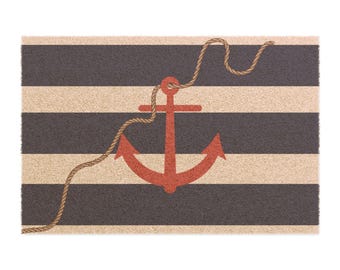 Felpudo con ancla náutica y cuerda a rayas / Felpudo de entrada costero de fibra de coco / Vida playera / Vida costera / Amante de la playa / Felpudo junto al mar