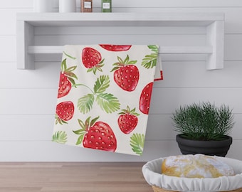Watercolor Strawberry Tea Towel | Cotton Kitchen Towel | Summer Kitchen | College Apartment Gift | Summer Party Bar Cart | Hostess Gift