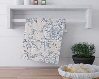 Blue Floral Toile Tea Towel | French Toile Kitchen Towel | Hostess Gift | Shabby Chic | Toile Bar Cart Towel | College Apartment Gift