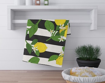 Lemons and Blossoms Striped Tea Towel | Black White Striped Kitchen Towel | Lemons Kitchen Towel | Summer Lemons Bar Cart Towel