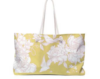 Bolso de fin de semana amarillo con estampado floral de peonías blancas / Bolso grande de playa / Regalo para el Día de la Madre / Regalo para ella / Regalo para mamá primeriza / Regalo para baby shower