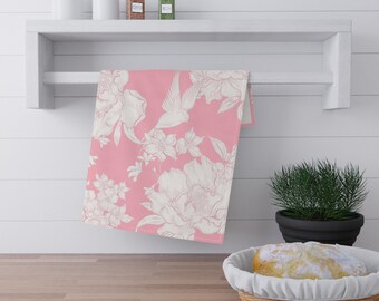 White Floral Bird Pattern Tea Towel | Pink Floral Kitchen Towel | Summer Kitchen | Hostess Gift | Bar Cart Towel | College Apartment Gift