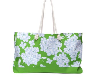 Bolso de fin de semana con estampado floral de hortensias blancas y azules / Bolso tote verde / Bolso tote de verano / Nantucket / Martha's Vineyard / Regalo para el Día de la Madre