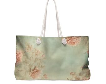Weekendväska med vintagerosor och blommönster | Mjukgrön akvarell reseväska | Stor tygkasse | Mors dag-present | Present till henne