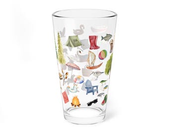 Iconos del verano en el lago, vaso de pinta de 473 ml / Artículos de bar Iconos del verano en la cabaña / Regalo para él / Regalo para ella / Regalo de inauguración de casa / Regalo del Día de la Madre