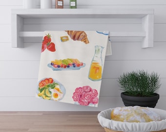 Watercolor Breakfast Pattern Tea Towel | Croissant, Eggs, Fruit, Juice | Brunch Kitchen Towel | Sunday Brunch | Hostess Gift | Bridal Shower