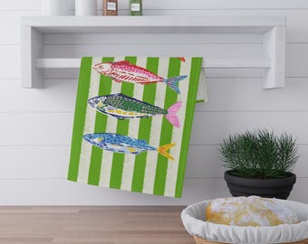 Colorful Fish Stripe Tea Towel | Fun Summer Cotton Kitchen Towel | Party Bar Cart Towel | Coastal Kitchen | Hostess Gift | Lake Life | Beach